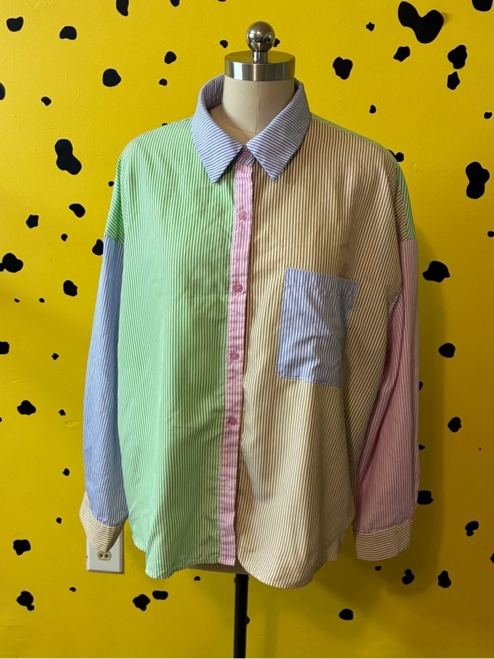 Shein Curve 3XL Colorblock Stripe Button Up Shirt Oversized Top Patsel Dopamine